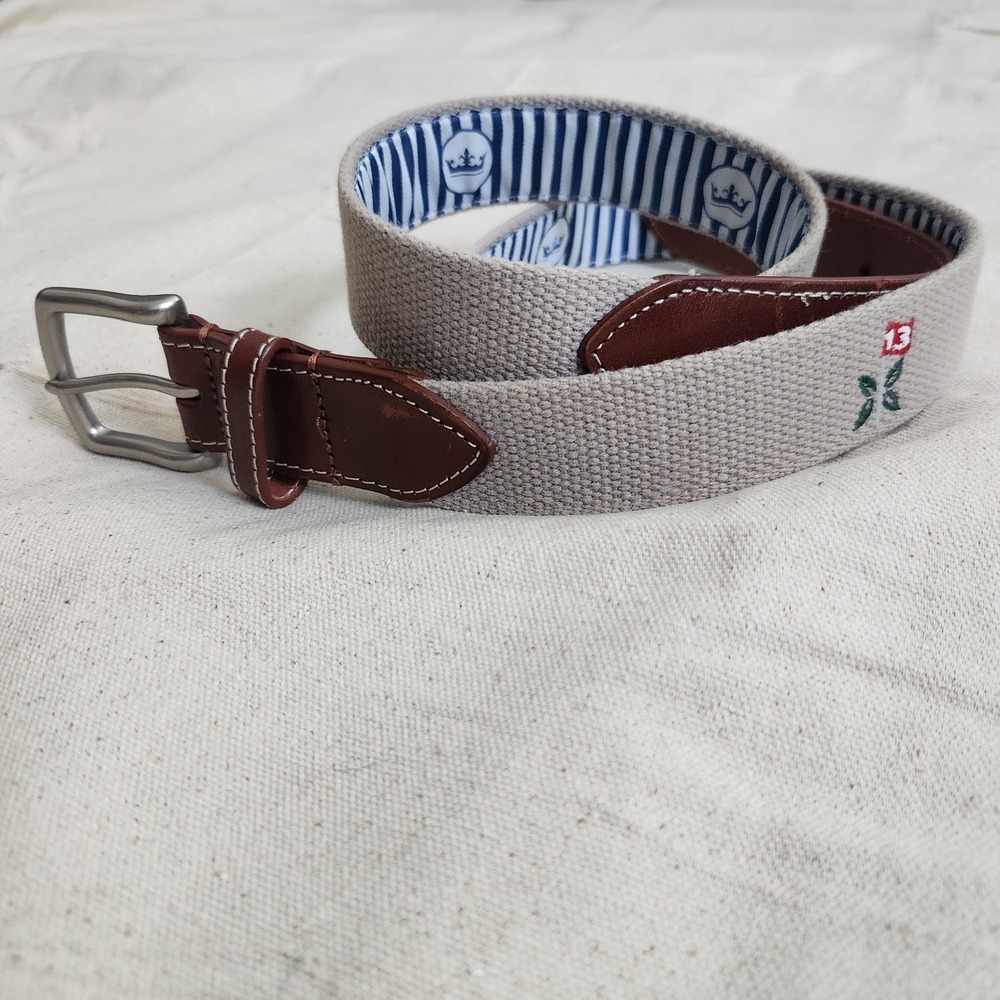 Men's Peter Millar Size 38 Canvas Leather Golf Belt 13 Flag Striped Lining USA